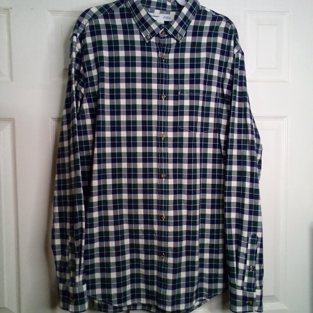 Old Navy Shirt Men XXL Tall Button Up Built In Flex Plaid Green Blue